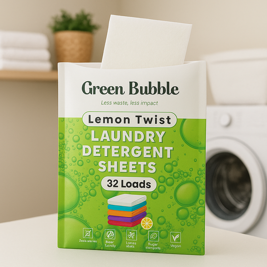 Green Bubble eco-friendly Lemon Twist laundry detergent sheets packaging with a washing machine in the background.