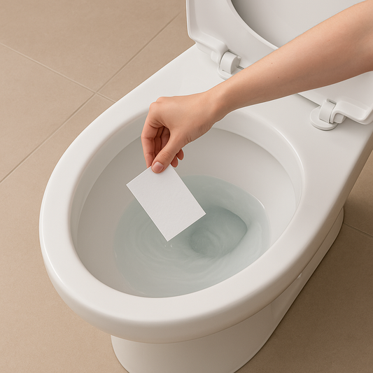 Person holding a eco-friendly toilet cleaning sheet over a toilet bowl with water.