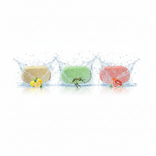 Three colorful eco-friendly multi surface spray cleaner tablets with fruit designs on a white background