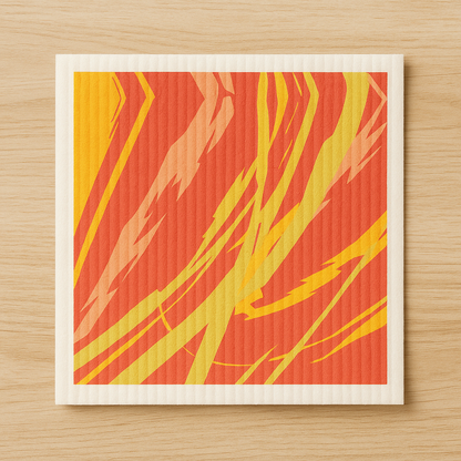 Abstract art print with orange and yellow abstract design on an eco friendly cleaning cloth