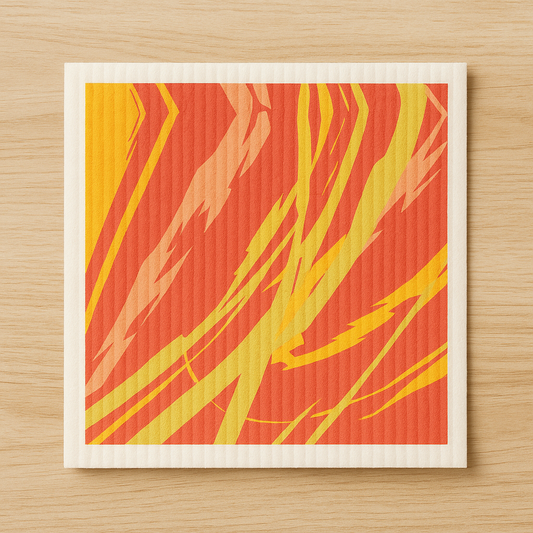 Abstract art print with orange and yellow abstract design on an eco friendly cleaning cloth
