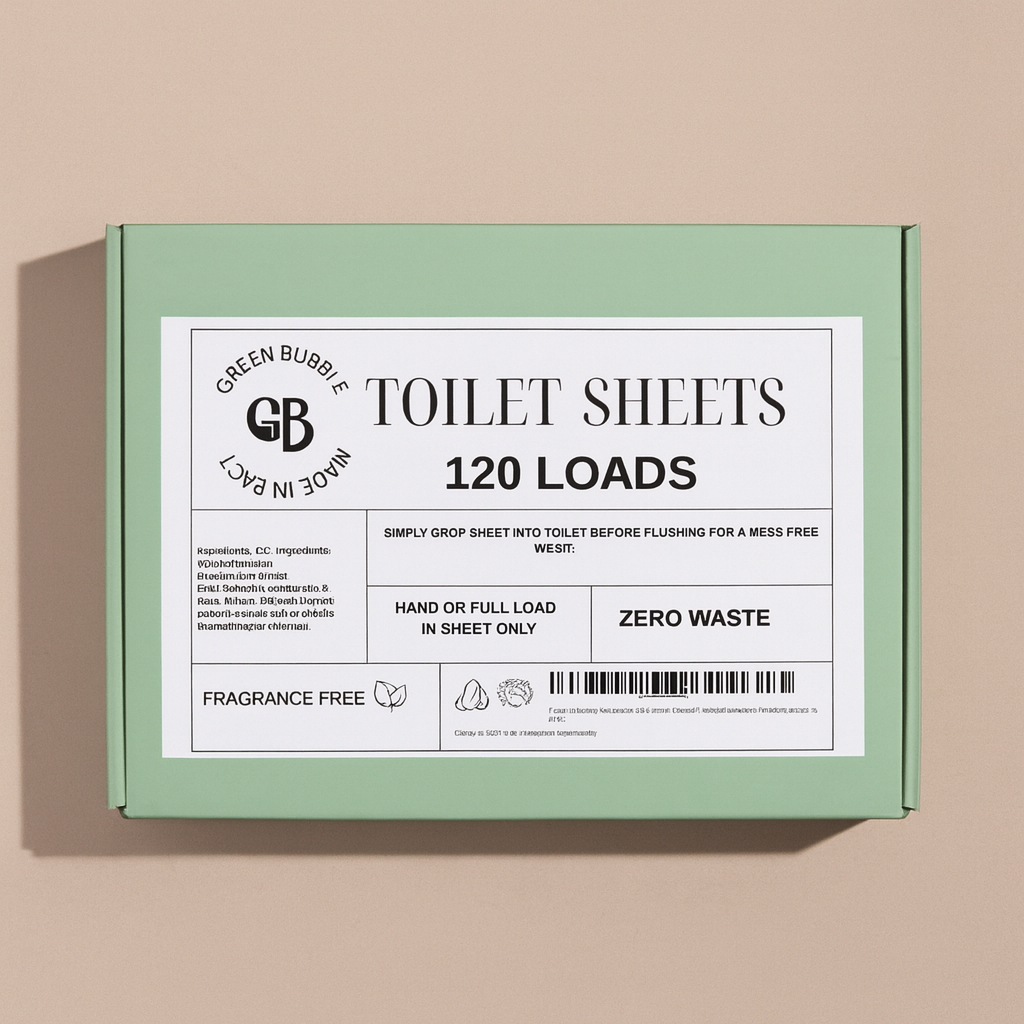 Box of Green Bubble eco-friendly toilet cleaning sheets with label on a beige background