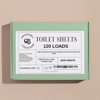 Box of Green Bubble eco-friendly toilet cleaning sheets with label on a beige background