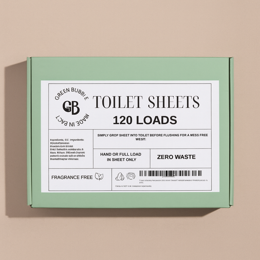 Box of Green Bubble eco-friendly toilet cleaning sheets with label on a beige background