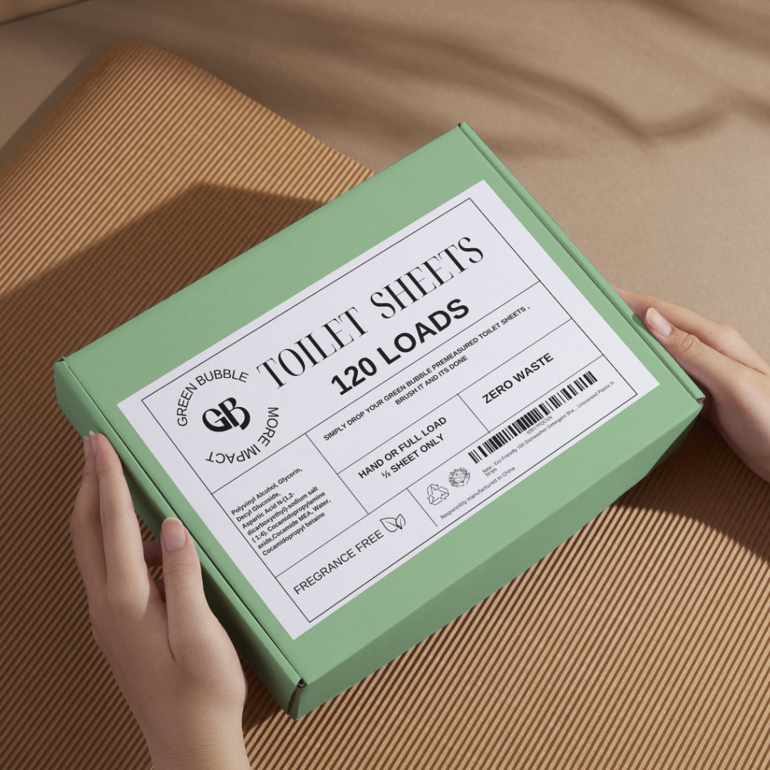 Green box of Eco-friendly toilet cleaning sheets with label on a brown surface