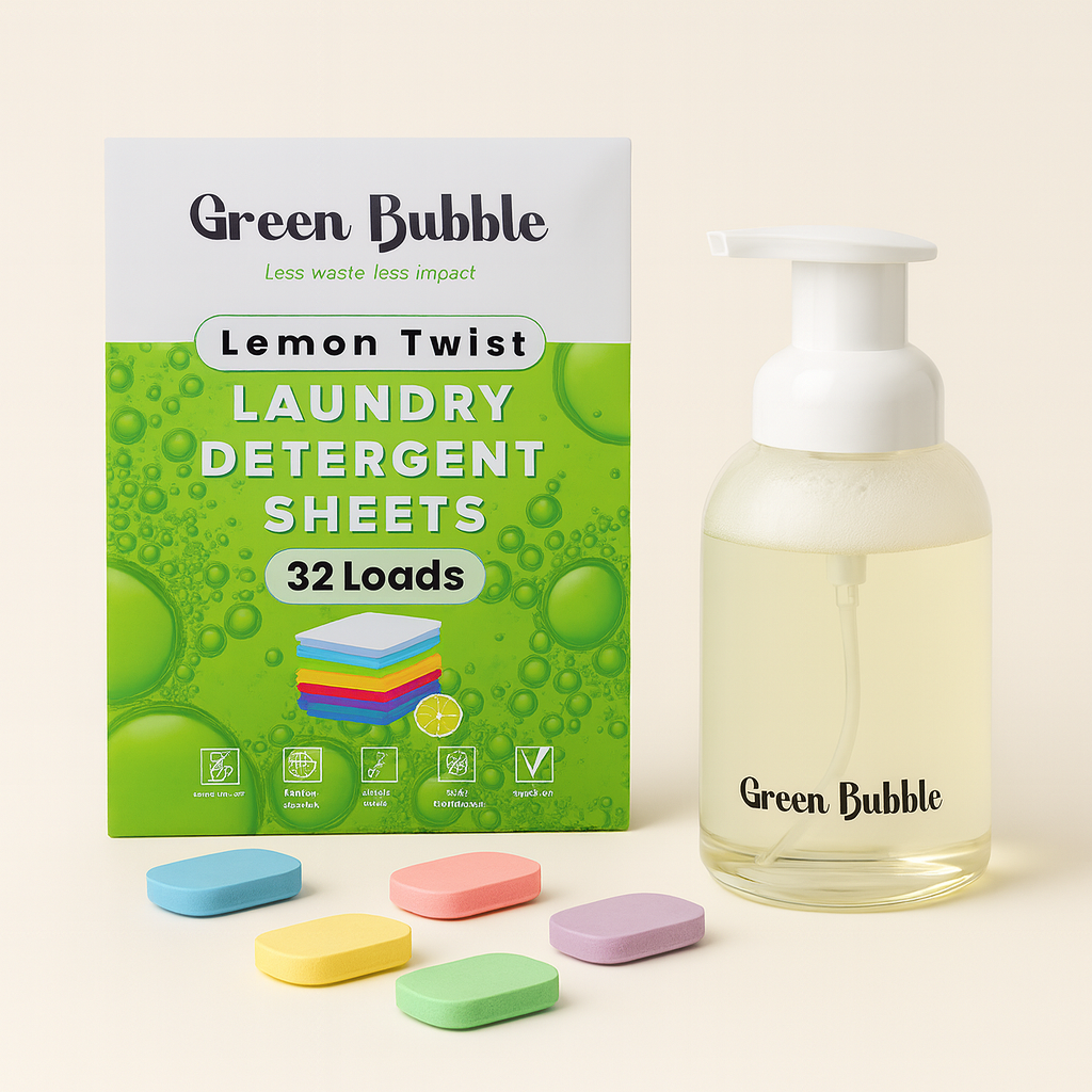 Green Bubble eco-friendly hand soap tablets, glass bottle dispenser, laundry detergent sheets and bottle on a beige background
