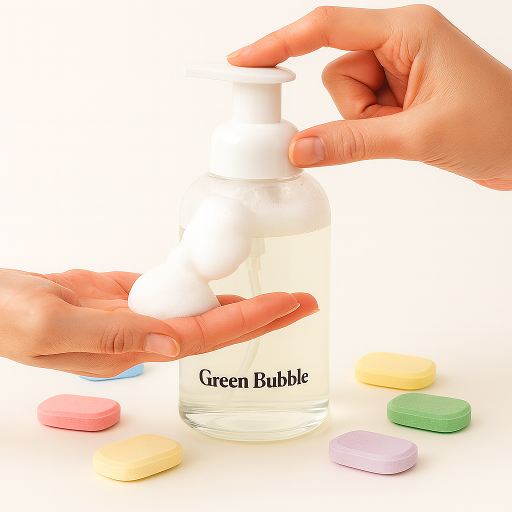 Hand holding a bottle labeled 'Green Bubble' with colorful eco-friendly hand soap tablets foaming on a white background