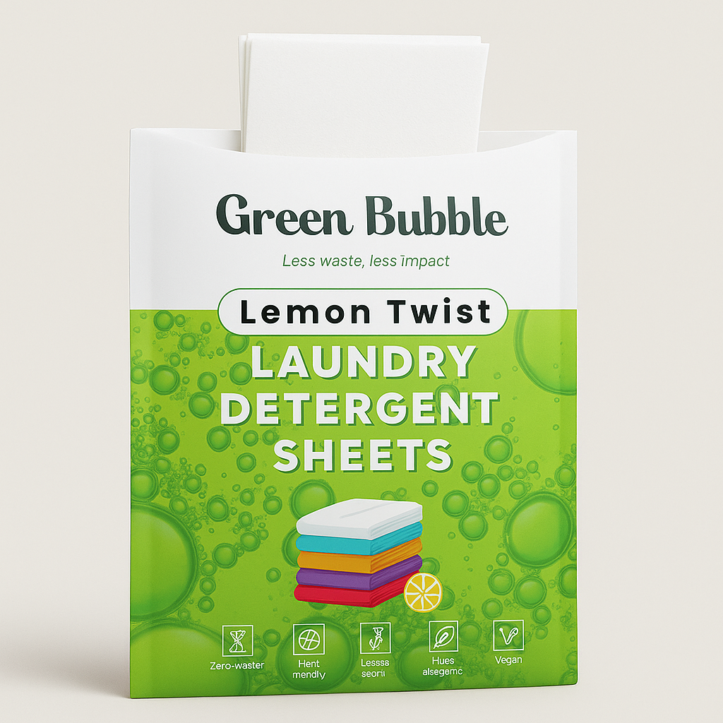 Green Bubble Lemon Twist laundry detergent sheets packaging on a beige background