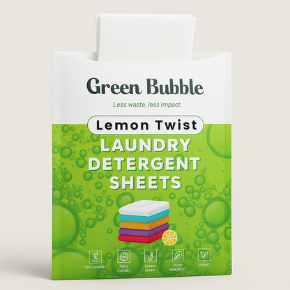 Green Bubble Lemon Twist laundry detergent sheets packaging on a beige background