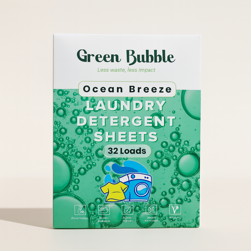 Green Bubble Ocean Breeze eco-friendly laundry detergent sheets packaging on a light beige background