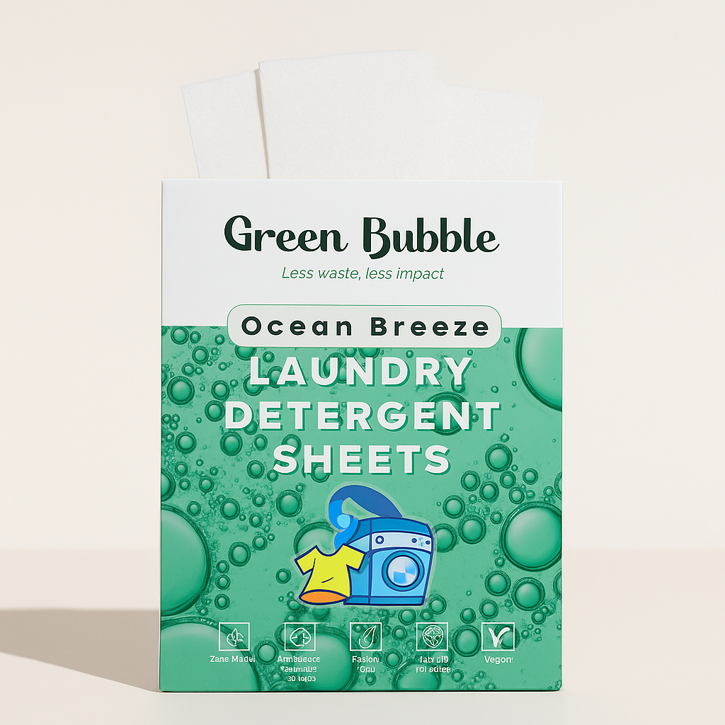 Green Bubble eco-friendly laundry detergent sheets packaging with green and white design.