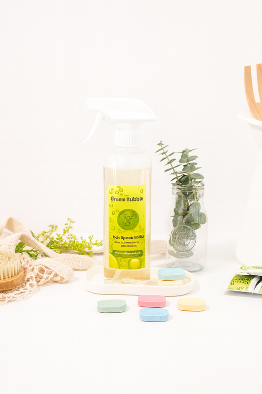 Bottle of 'Green Bubble' eco-friendly cleaning surface spray with refillable tablets
