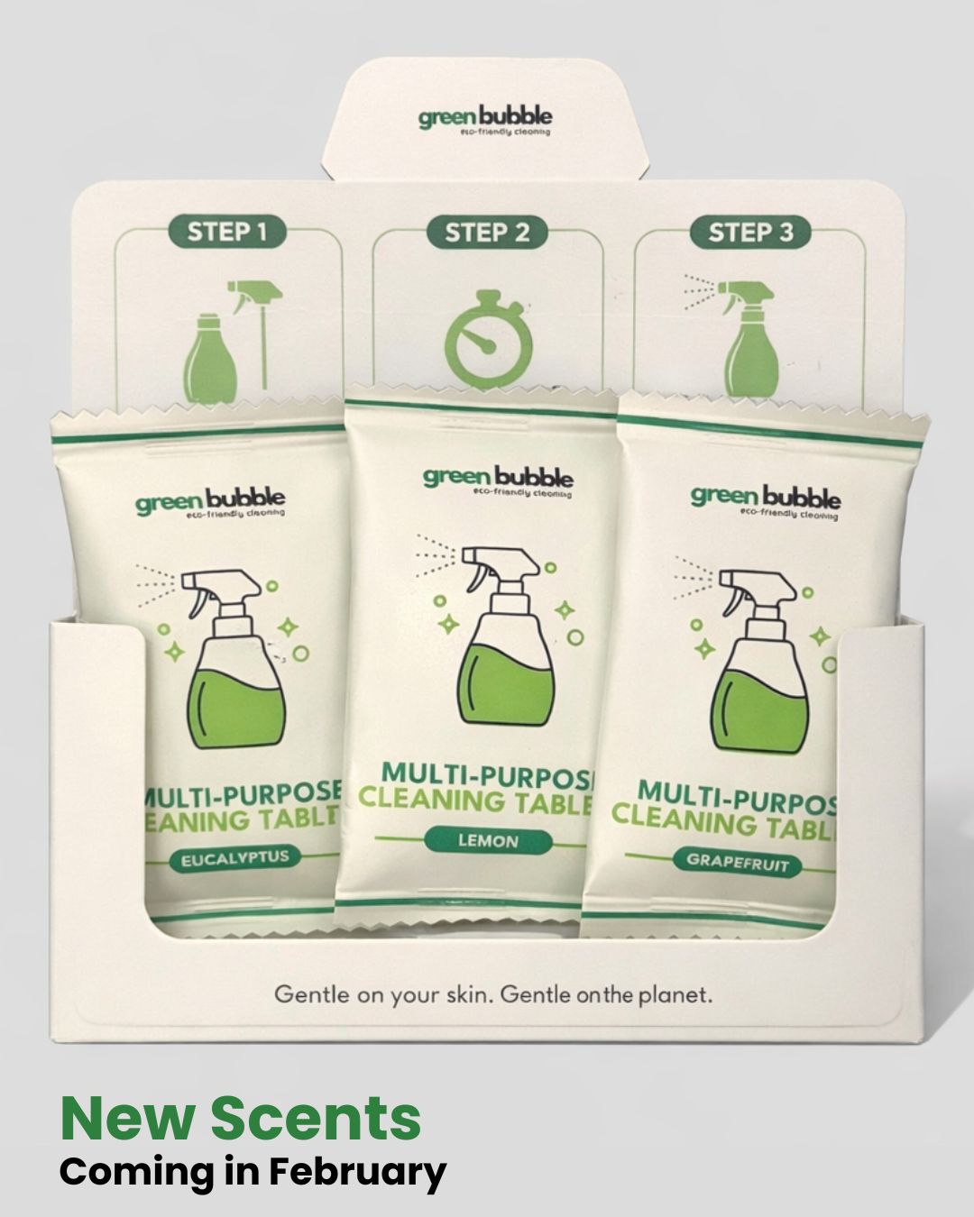 Green Bubble multi-purpose cleaning tablets packaging with three different scents on a gray background.