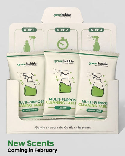 Green Bubble multi-purpose cleaning tablets packaging with three different scents on a gray background.