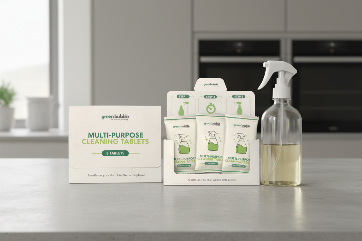 Green Bubble multi-purpose cleaning tablets packaging on a light gray background