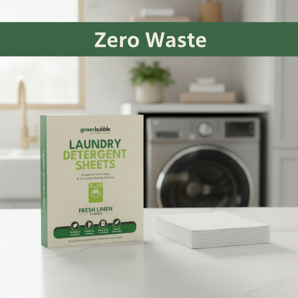 Green Bubble laundry detergent sheets packaging on a kitchen counter with a washing machine in the background.