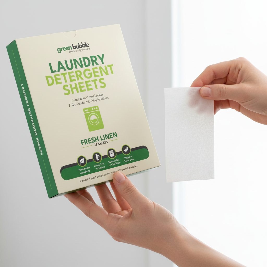 Green Bubble laundry detergent sheets packaging with a hand holding a sheet.