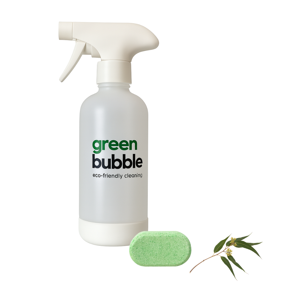 Green Bubble eco-friendly cleaning spray bottle with a sponge and leaf on a white background