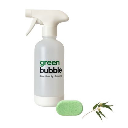 Green Bubble eco-friendly cleaning spray bottle with a sponge and leaf on a white background