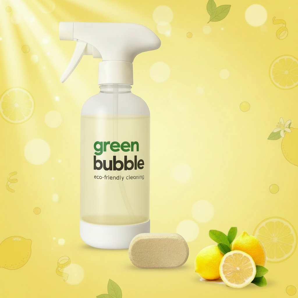 Green Bubble eco-friendly cleaning bottle with a bar of soap and lemons on a white background