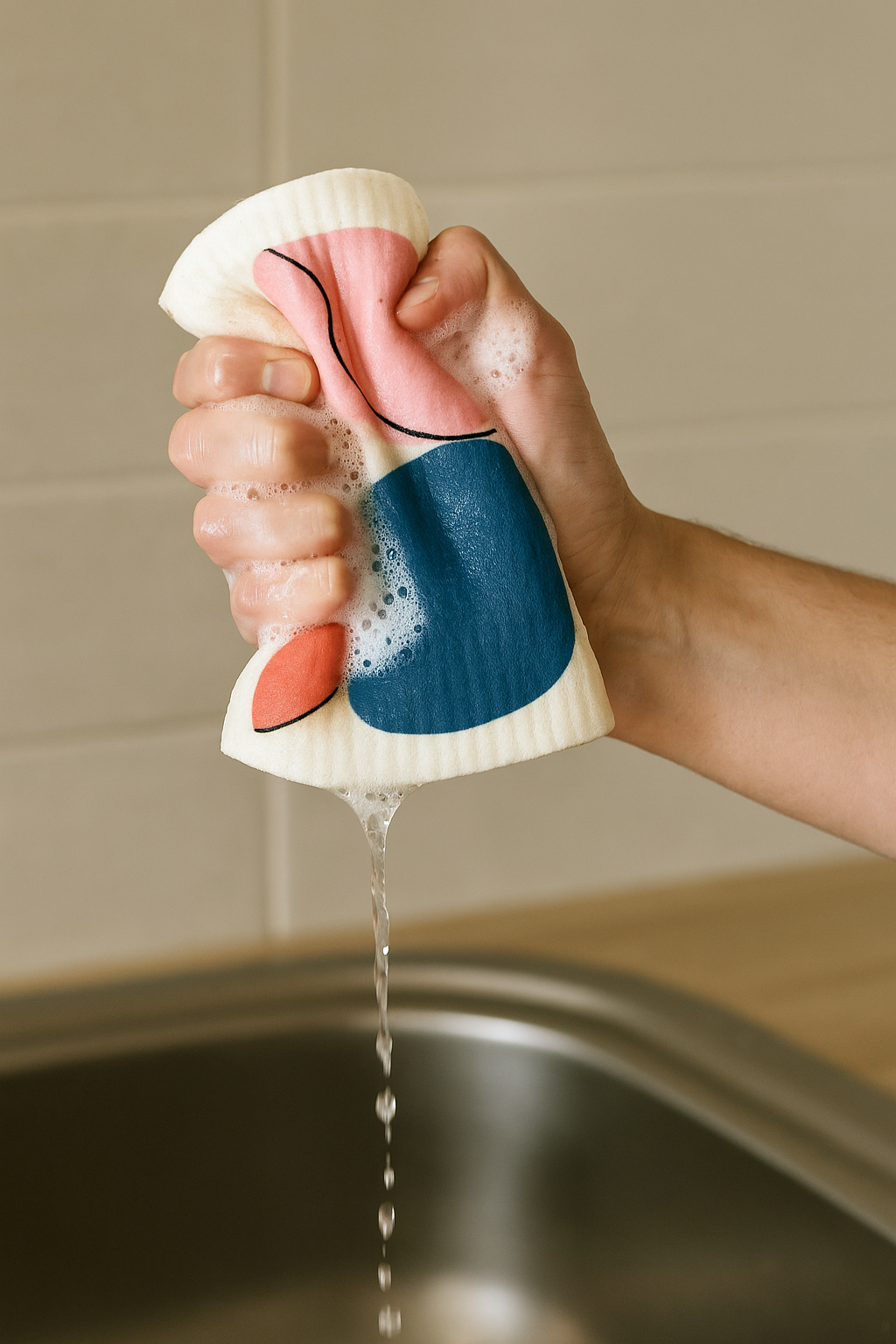 Hand holding a blue and white scrubber with soap over a sink