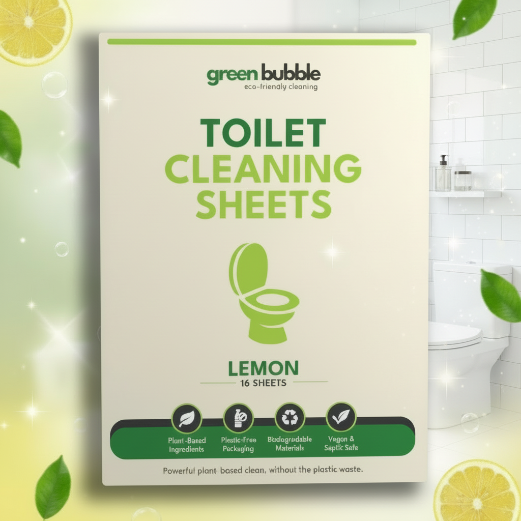 Box of Green Bubble toilet cleaning sheets with lemon scent on a bathroom background.