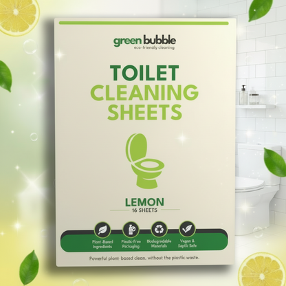 Box of Green Bubble toilet cleaning sheets with lemon scent on a bathroom background.