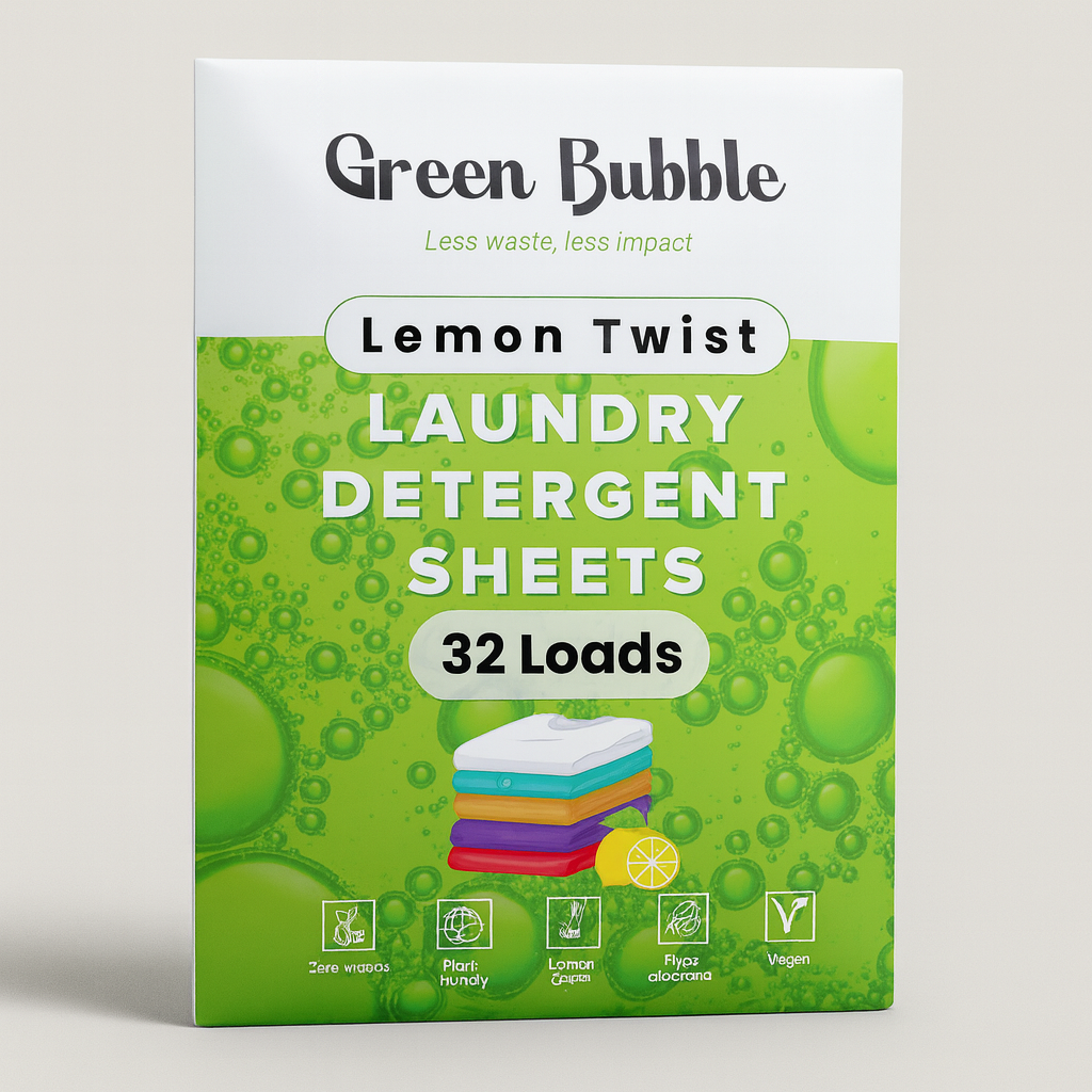 Green Bubble Lemon Twist laundry detergent sheets packaging on a light gray background